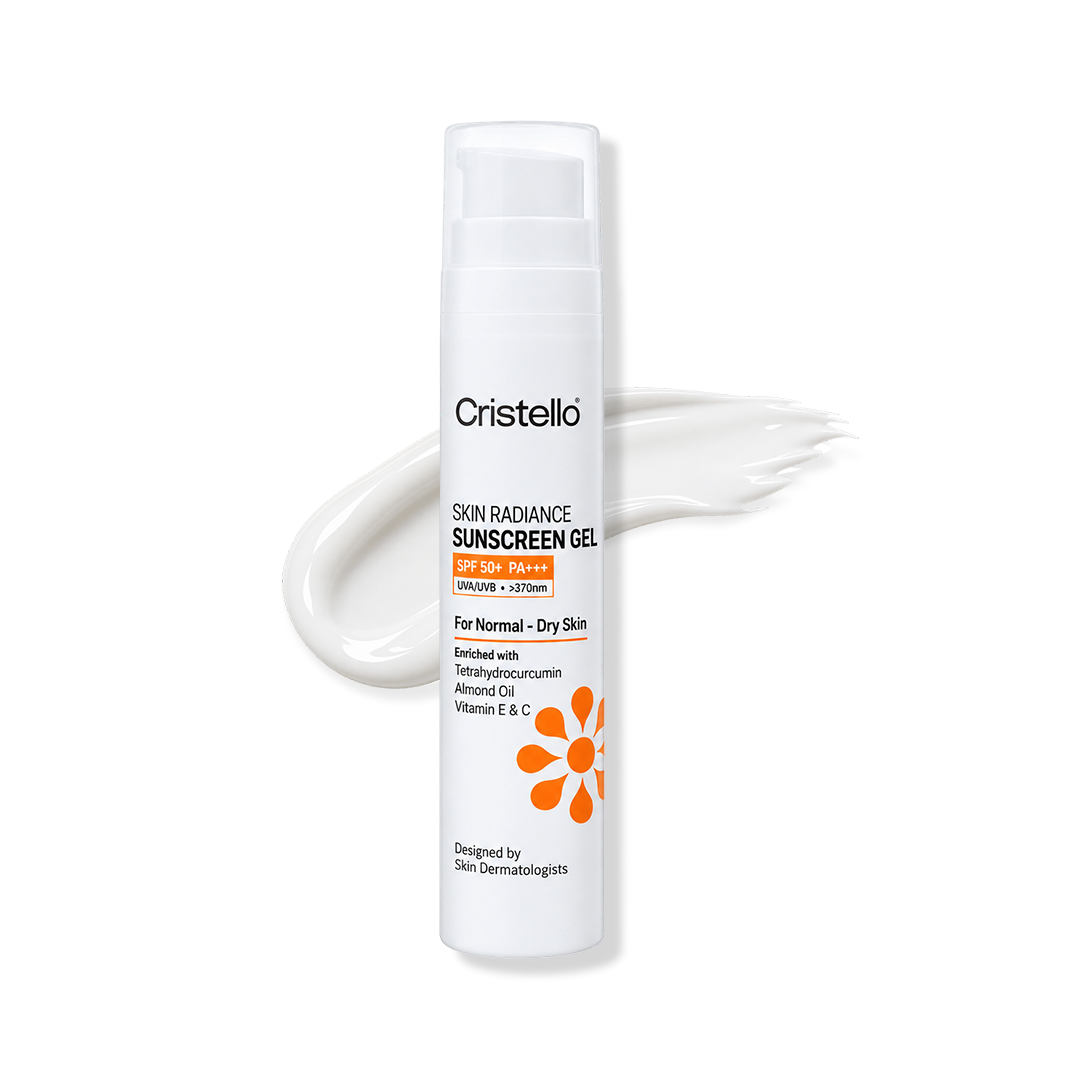 Cristello Skin Radiance Sunscreen Gel SPF 50+ PA+++ for Normal to Dry Skin – 50g | UVA/UVB 370nm