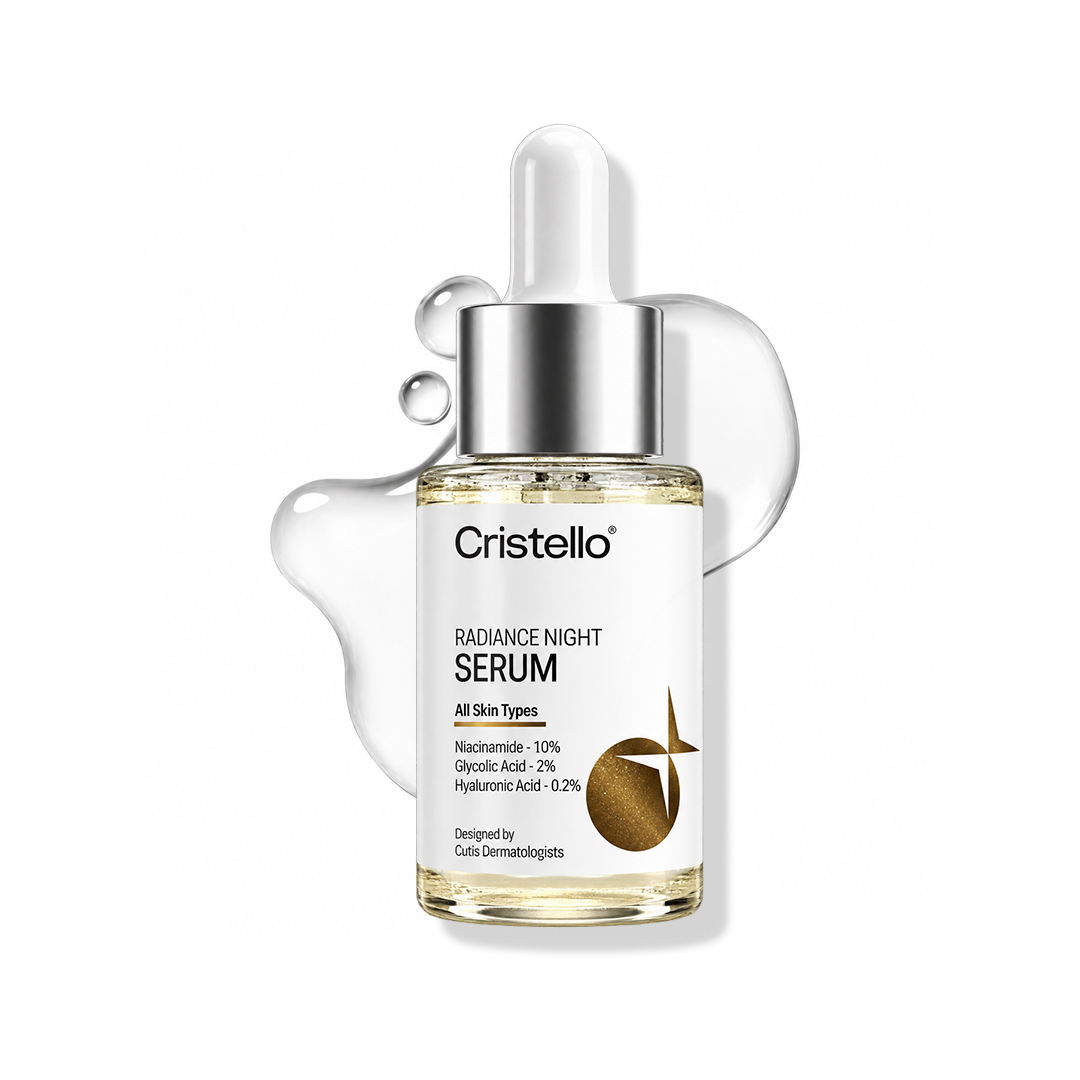 Cristello Radiance Night Serum – 30ml | Niacinamide 10% + Glycolic Acid 2% + Hyaluronic Acid 0.2%