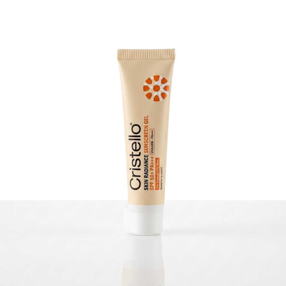 Cristello Skin Radiance Sunscreen Gel SPF 50+ PA+++ 10g mini for normal to oily skin – lightweight, non-greasy travel-size tube