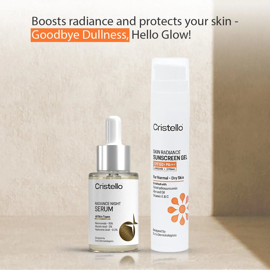 Cristello Day & Night Combo for Dry Skin – SPF 50+ Sunscreen & Radiance Night Serum benefits overview