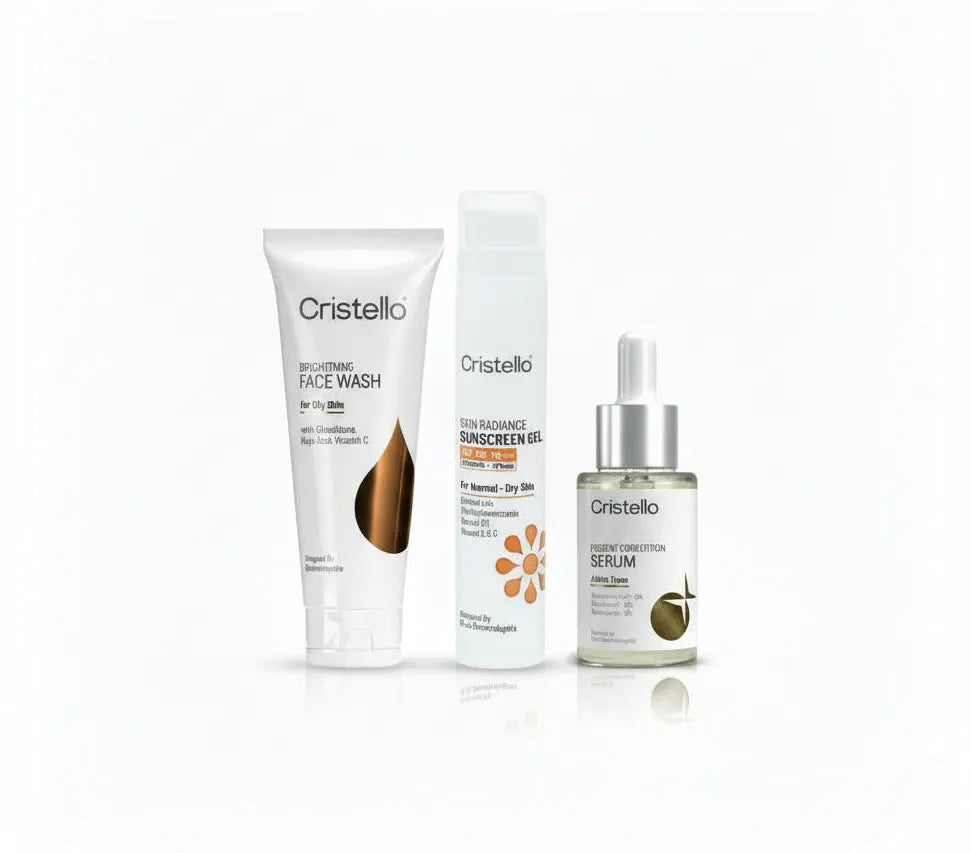 Cristello Anti-Pigmentation Trio for dry skin – Face Wash + SPF 50+ Sunscreen + Tranexamic Acid Serum, 50g+70g+30ml