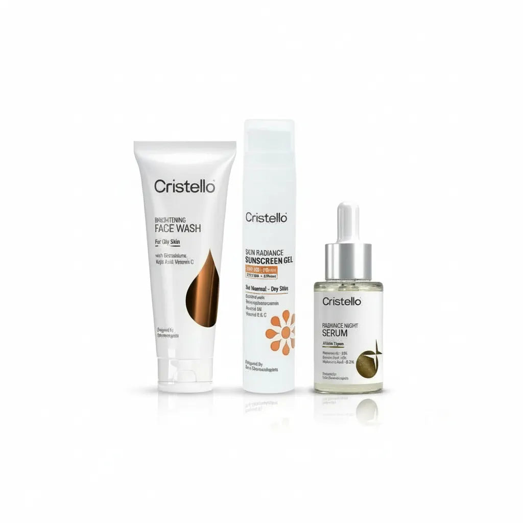 Cristello Complete Skincare Trio for dry skin – Face Wash + SPF 50+ Sunscreen + Night Serum, 50g+70g+30ml