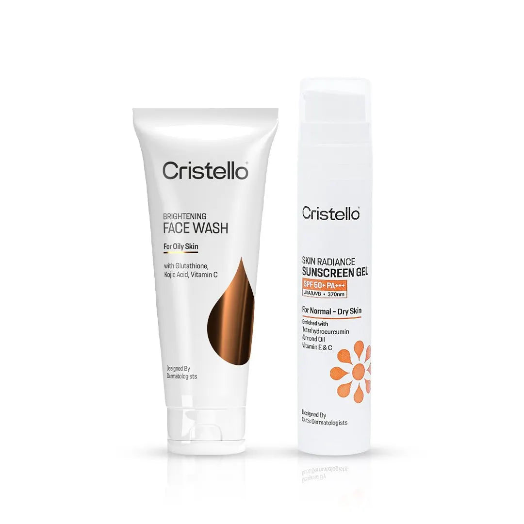 Cristello Daily Brightening Combo for dry skin – SPF 50+ Sunscreen & Glutathione Face Wash, 50g + 70g